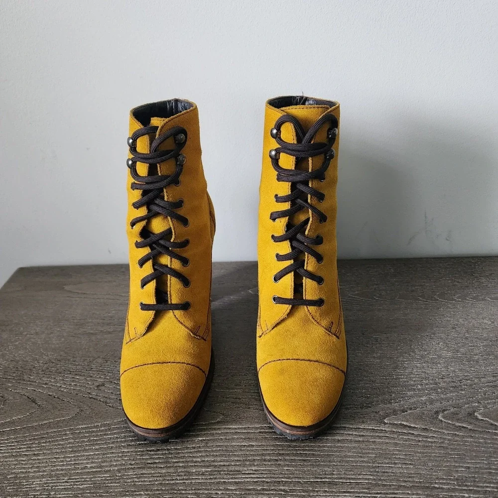 Miu Miu Mustard Yellow Suede Ankle Bootie Combat US 5.5 EU 35.5 Y2K Whimsigoth